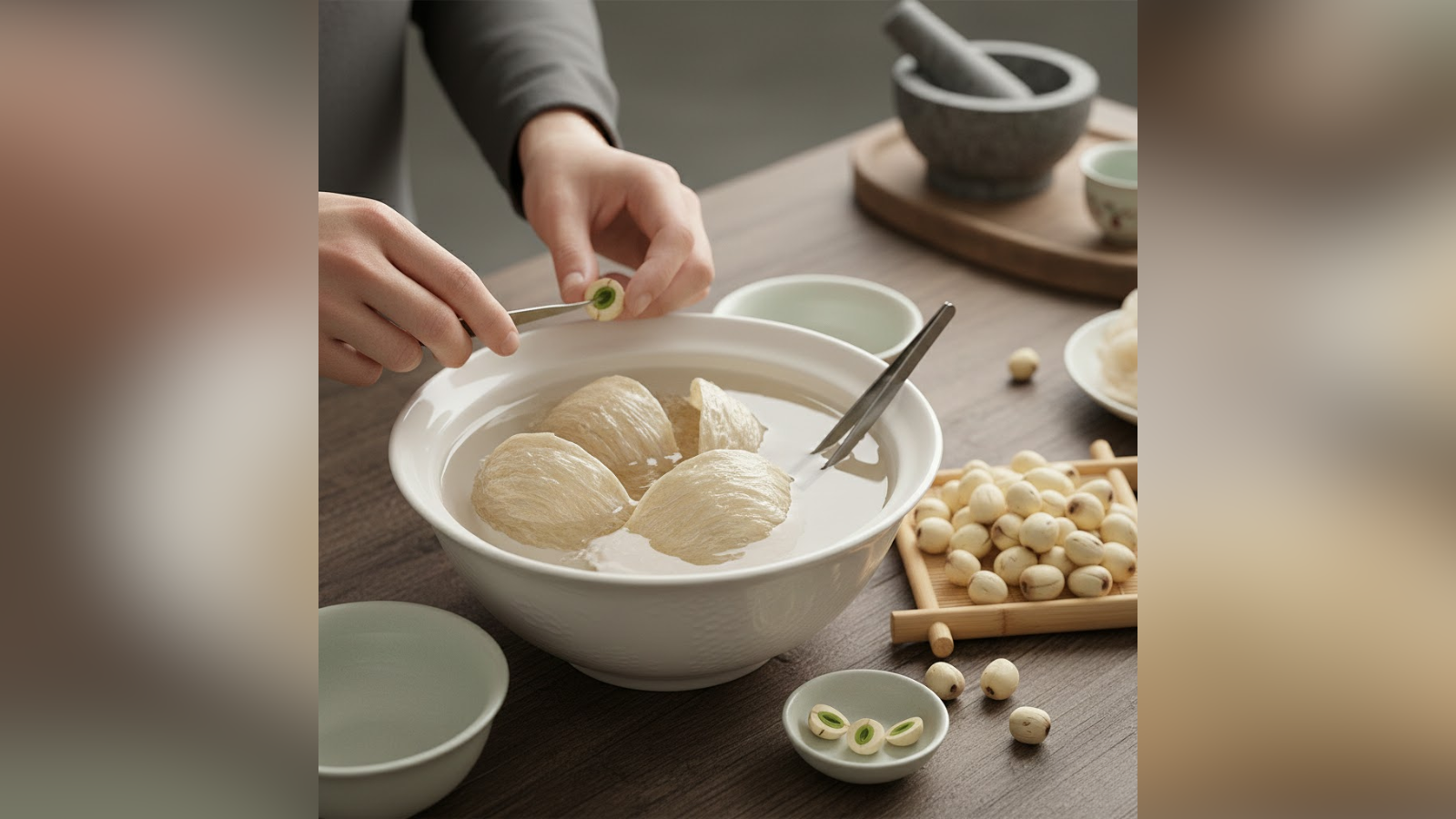 Sơ chế yến sào và hạt sen để chưng yến đường phèn