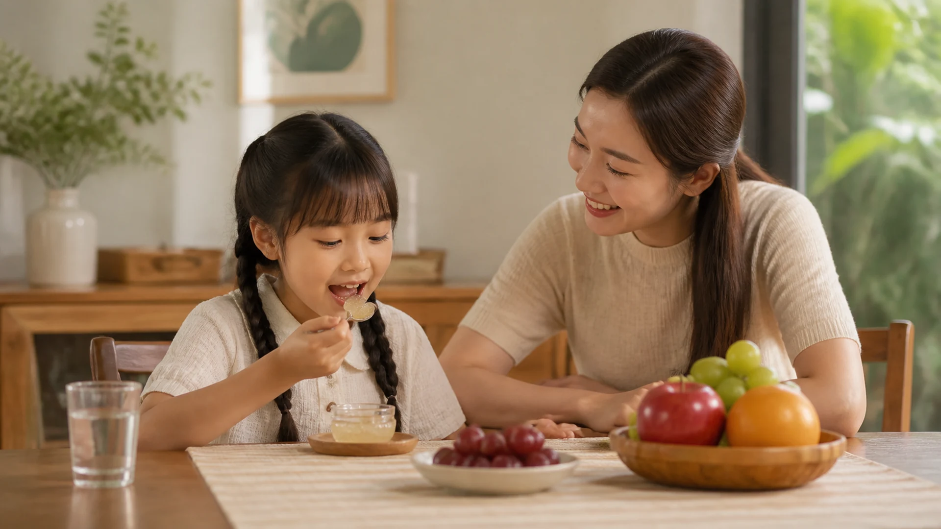 Bé dùng một khẩu phần nhỏ yến chưng trong bữa phụ cùng mẹ