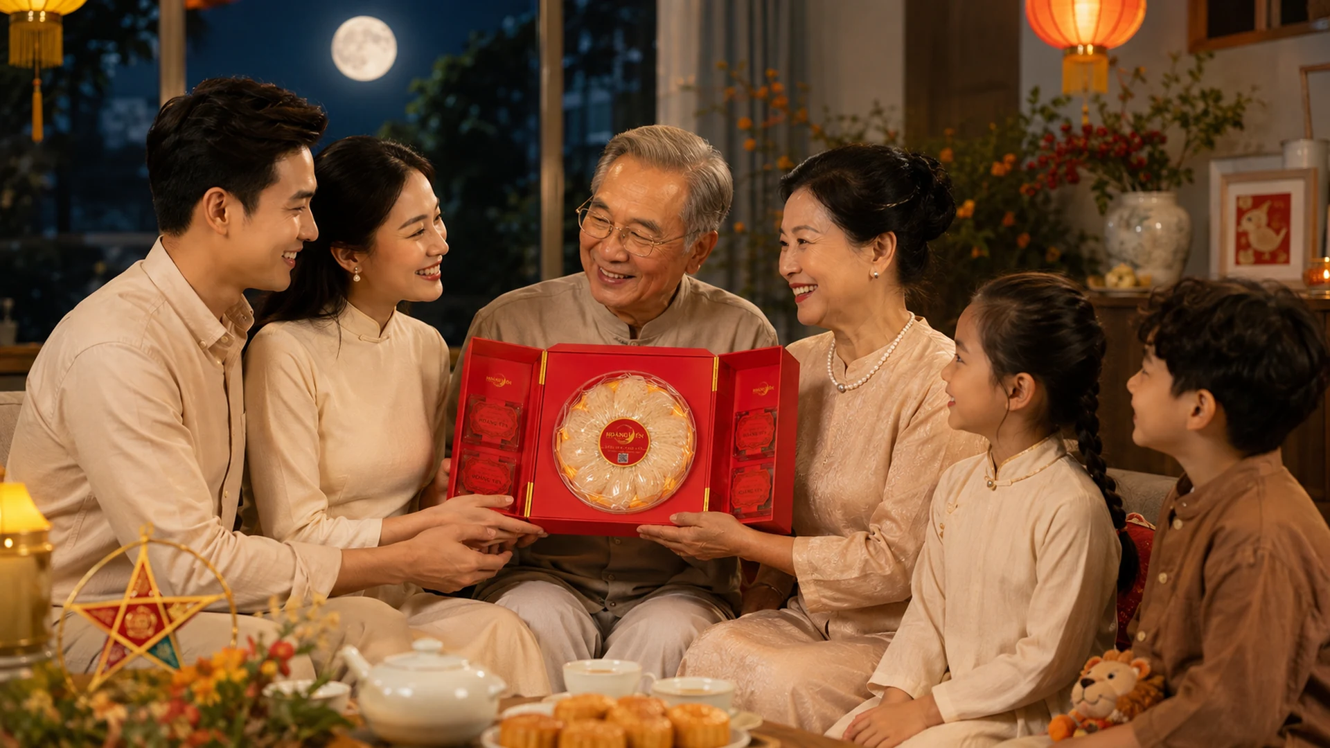 Gia đình trao set quà Trung thu yến sào Hoàng Yến trong đêm đoàn viên