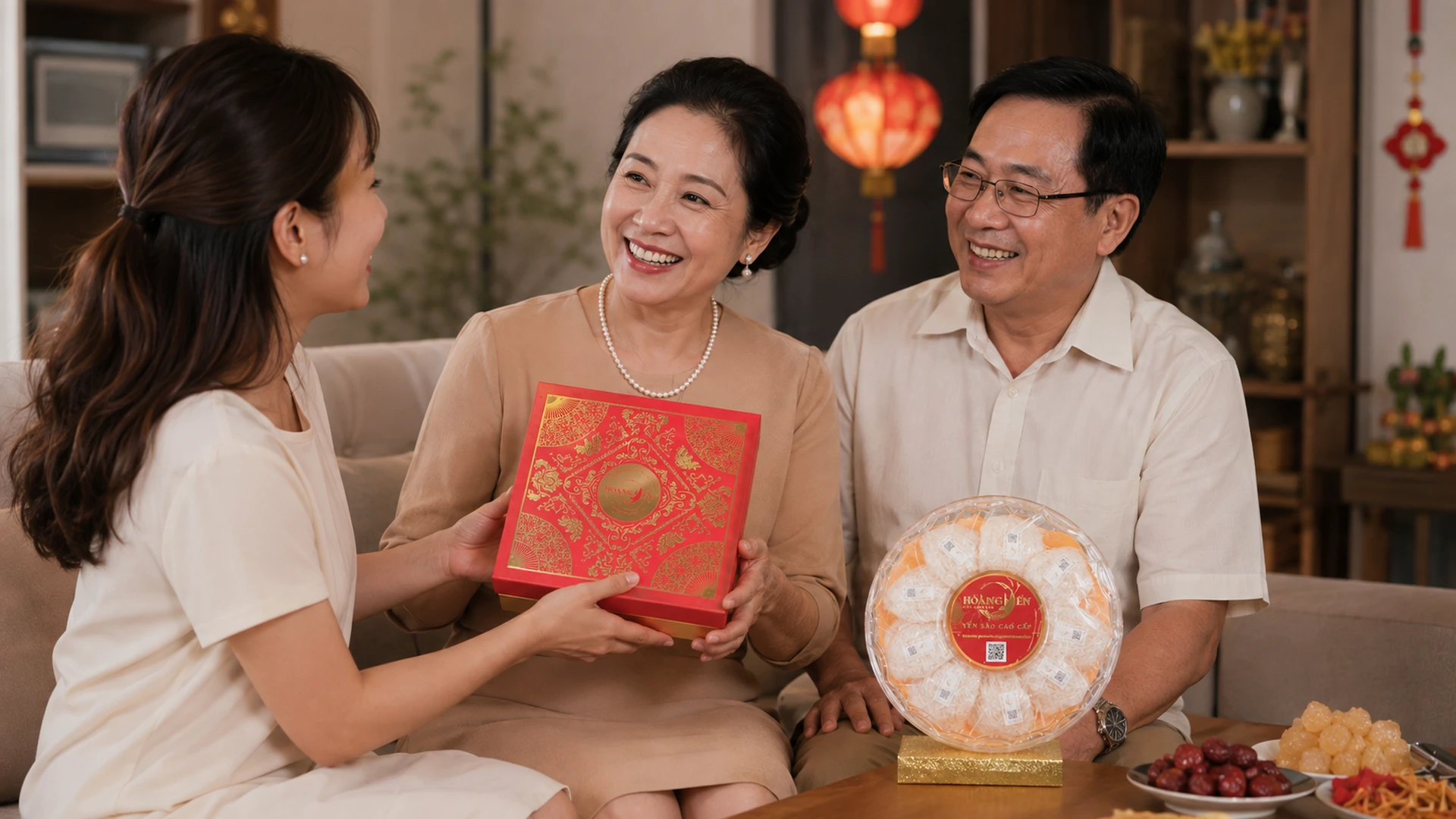 Con gái trao quà trung thu cho bố mẹ với hộp yến Hoàng Yến màu đỏ