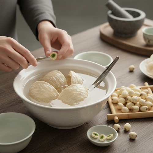 Sơ chế yến sào và hạt sen để chưng yến đường phèn